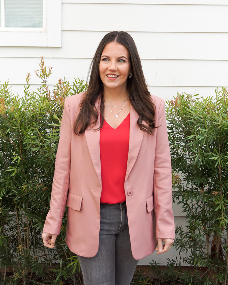 how to style a pink blazer for valentines day | gray jeans | Texas Fashion Blog Lady in Violet
