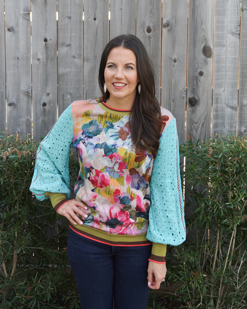spring outfit | colorful abstract top | white earrings | Texas Fashion Blog Lady in Violet