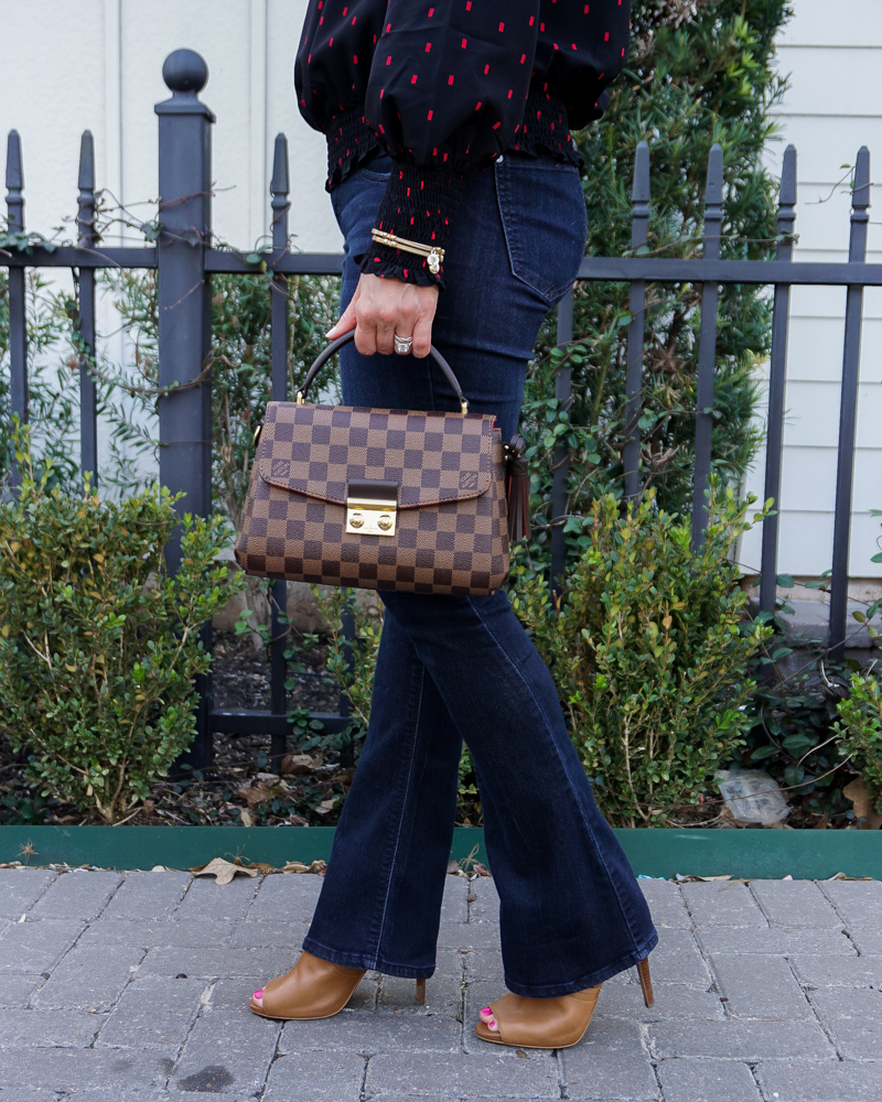 fall outfit | louis vuitton croisette | dark blue bootcut jeans | Petite Fashion Blog Lady in Violet