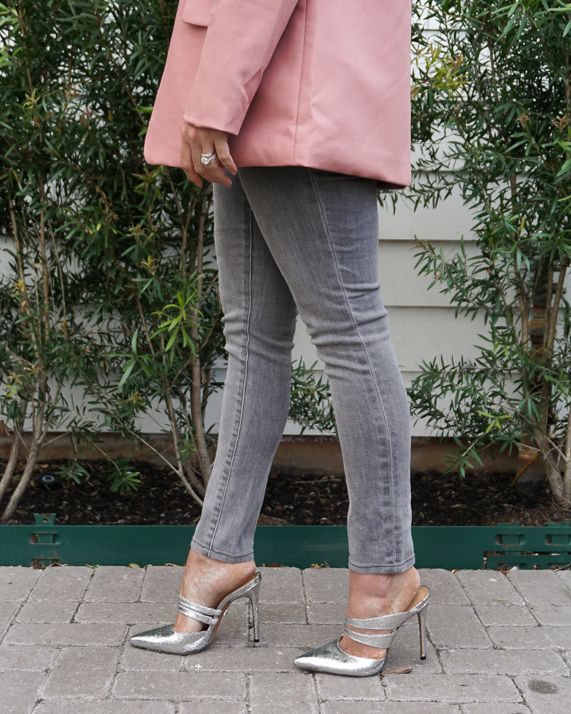 spring brunch outfit | gray skinny jeans | silver metallic heels | Houston Fashion Blog Lady in Violet