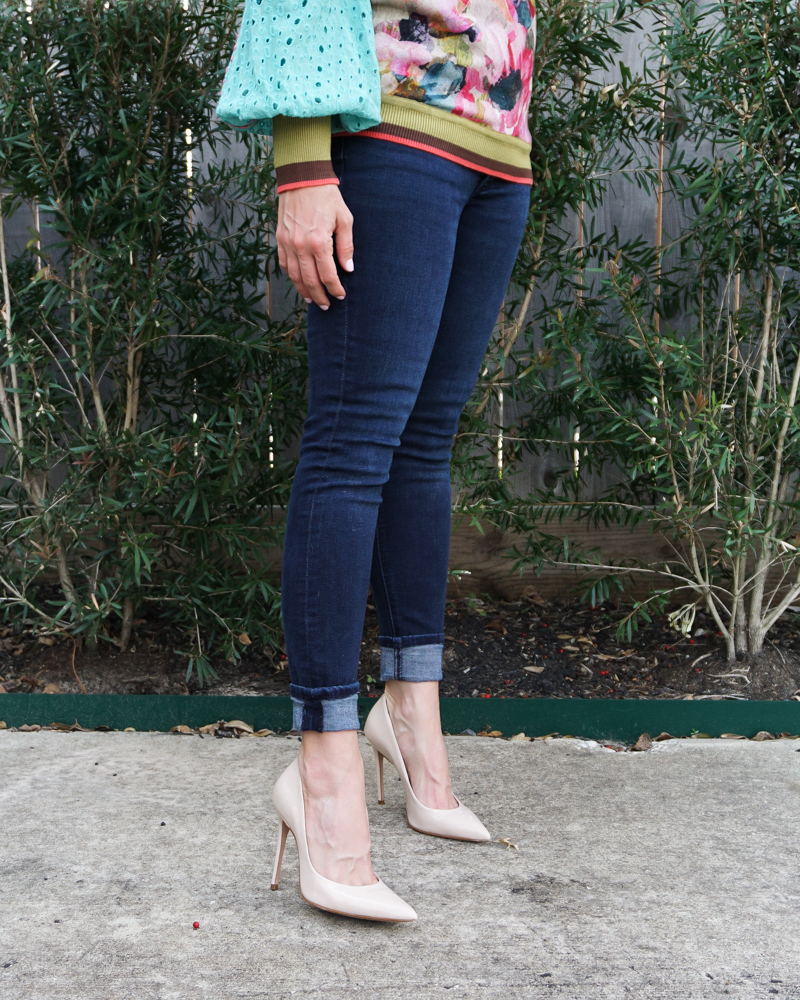 spring fashion | dark blue skinny jeans | schutz nude colored heels | Houston Fashion Blog Lady in Violet