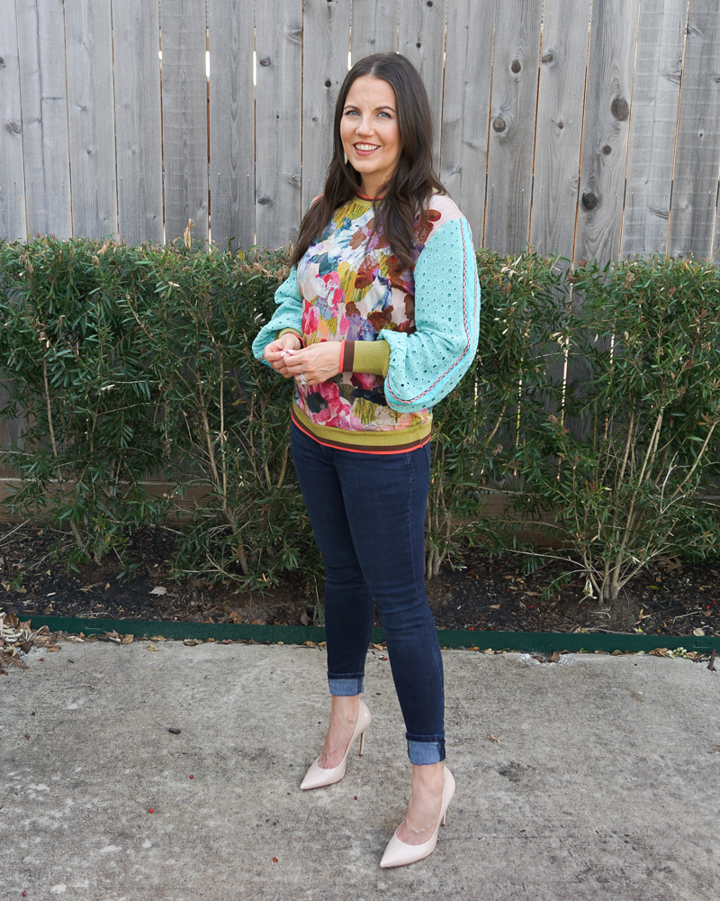 early spring outfit | statement sleeve top | dark blue jeans | Over 30 Fashion Blog Lady in Violet