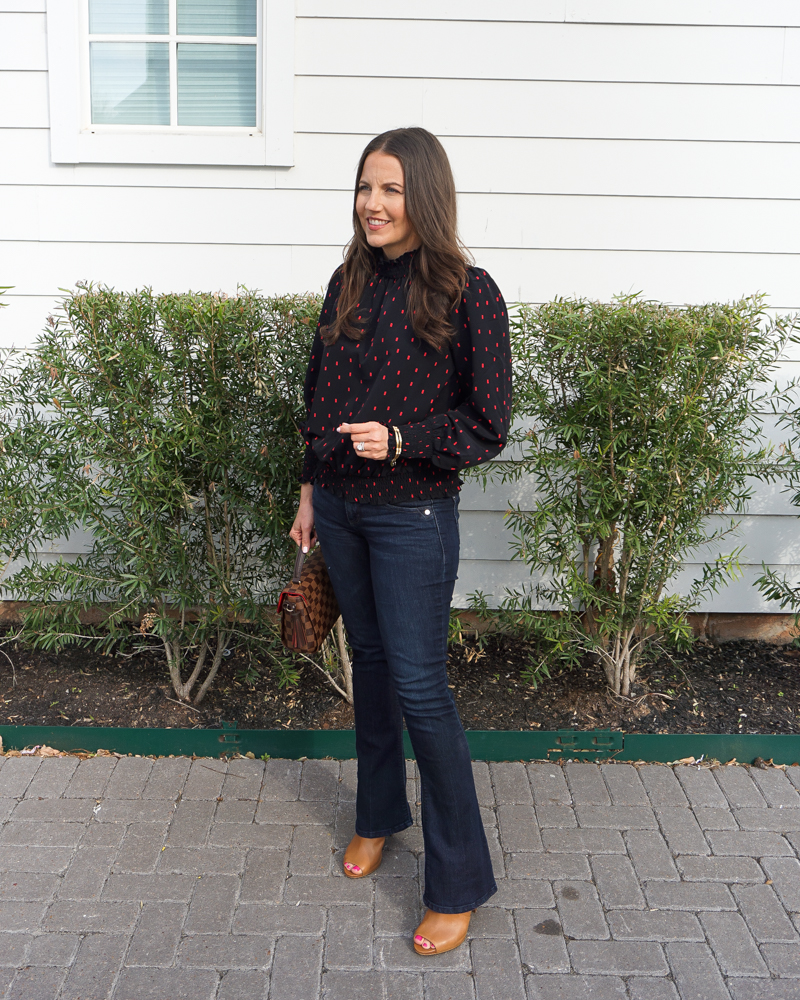 spring outfit | high neck black top | brown peep toe booties | Over Age 30 Fashion Blog Lady in Violet