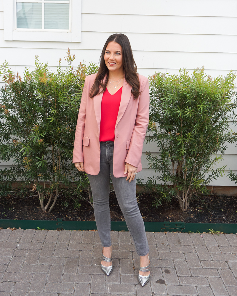 valentines day outfit | endless rose pink blazer | gray denim | Houston Fashion Blogger Lady in Violet
