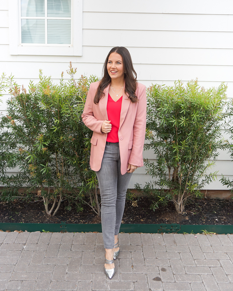 spring outfit | dusty rose oversized blazer jacket | red camisole top | Texas Fashion Blogger Lady in Violet