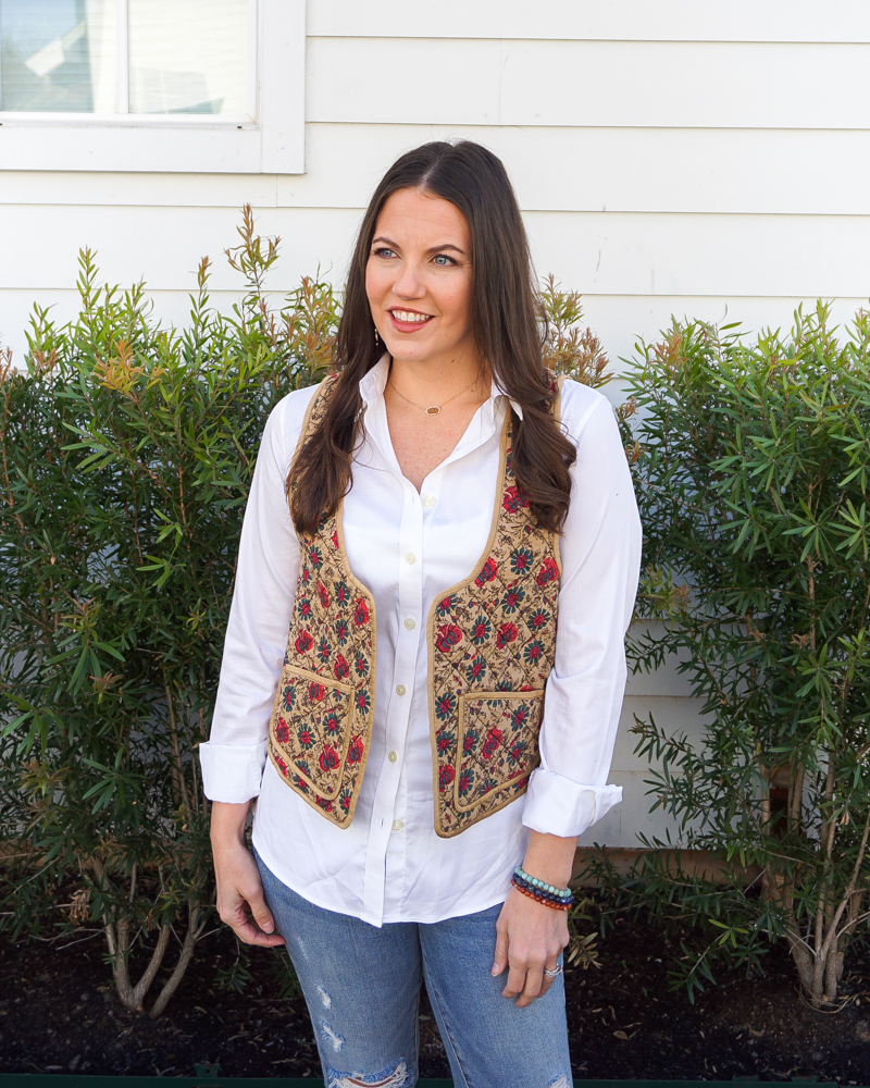 spring layered outfit | western style floral vest | white button down shirt | Petite Fashion Blogger Lady in Violet