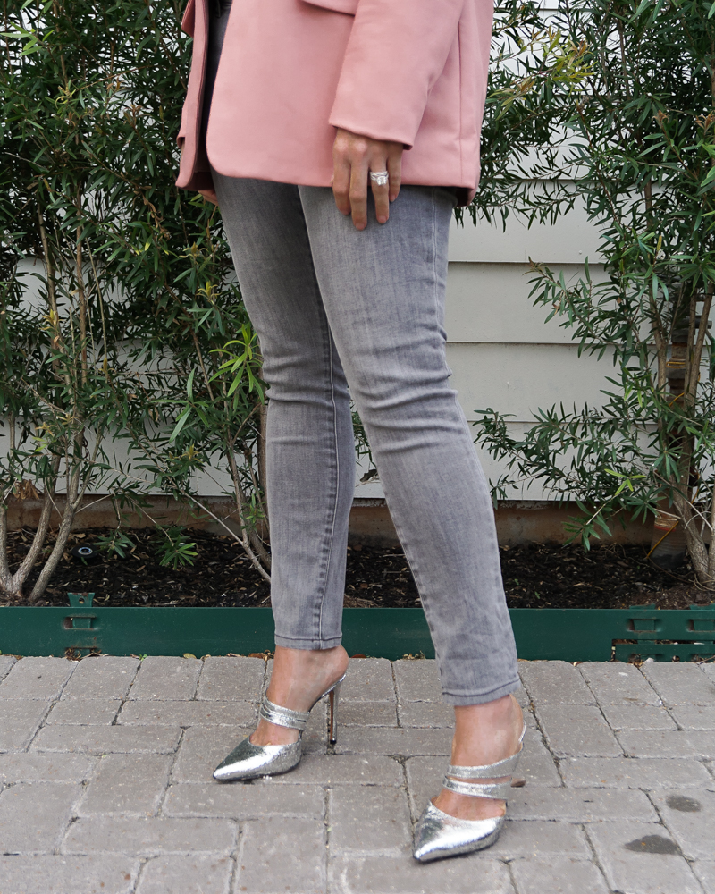 spring outfits | gray skinny jeans | schutz silver heels | Over 30 Fashion Blog Lady in Violet