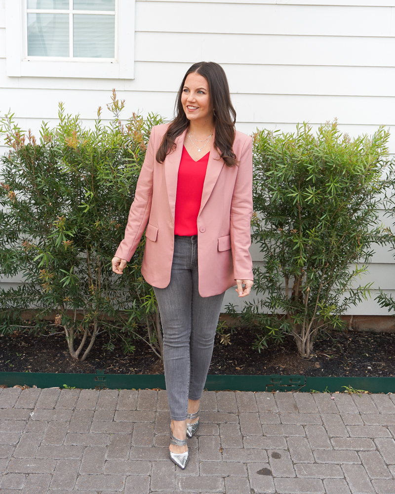 business casual outfit | light pink blazer | gray jeans | Over 30 Fashion Blogger Lady in Violet