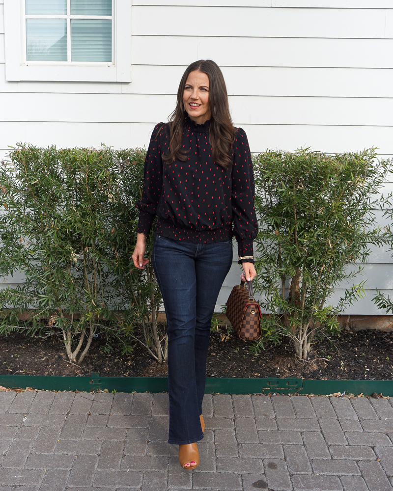 dressy casual outfit | sanctuary lunar blouse | nordstrom jeans | Petite Fashion Blogger Lady in Violet