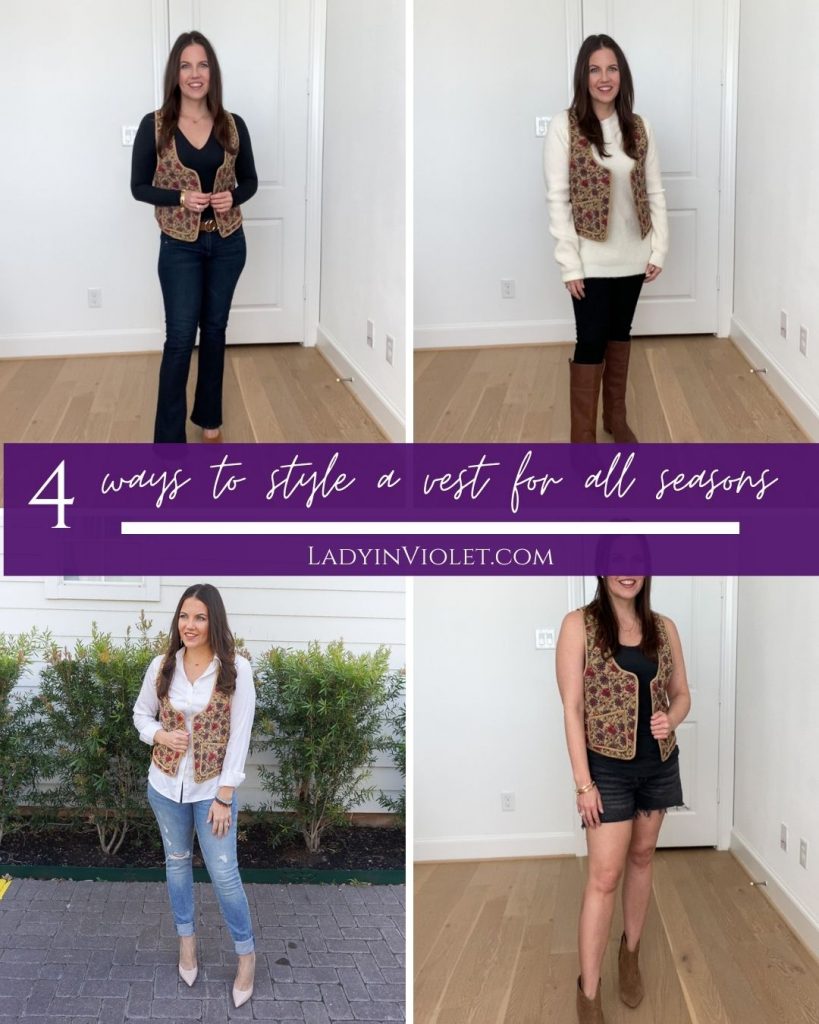 multiple ways to style a cropped floral vest | casual outfit ideas | petite fashion blogger lady in violet