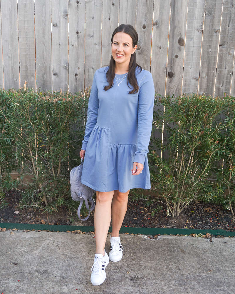 spring outfit | light blue sweatshirt dress | white sneakers | Texas Fashion Blog Lady in Violet