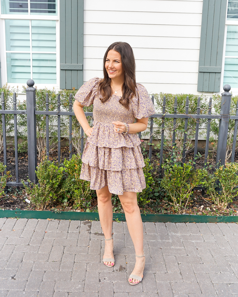 spring outfit | tiered ruffle skirt mini dress | taupe block heel sandals | Houston Fashion Blog Lady in Violet