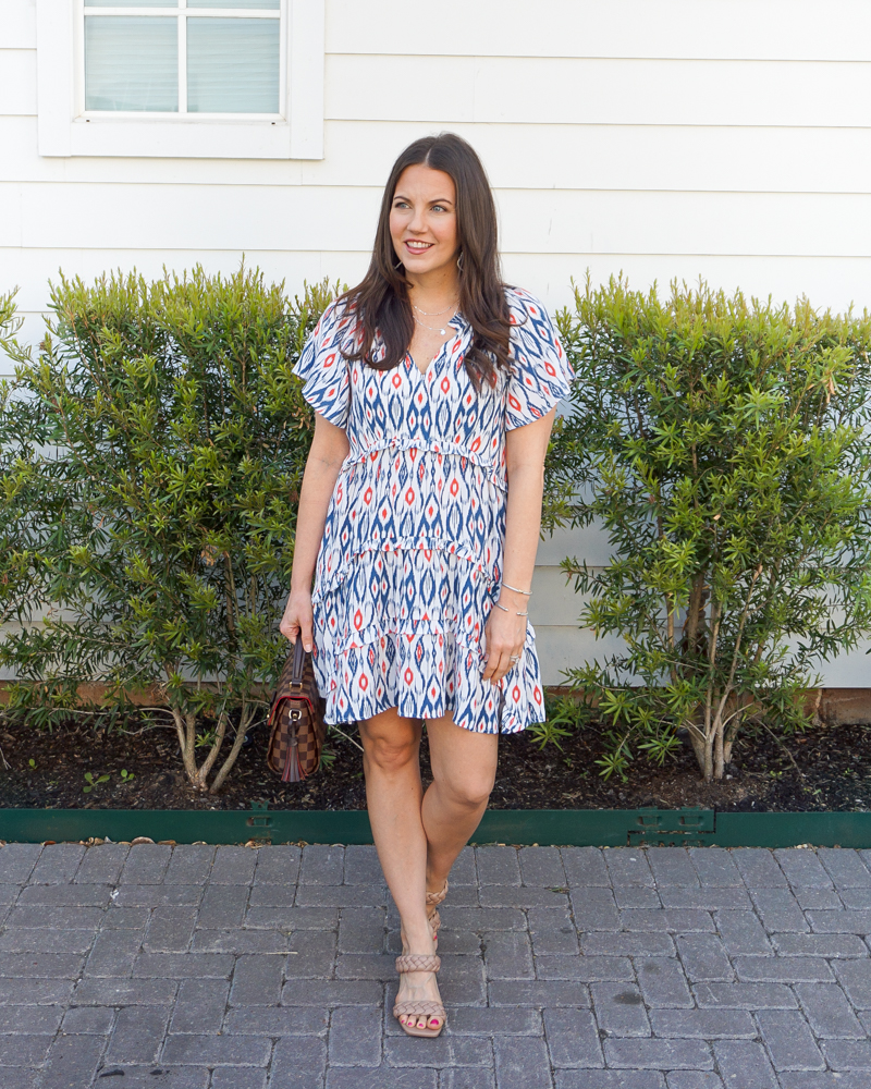 spring outfit | white tiered mini dress | braided sandals | Houston Fashion Blog Lady in Violet