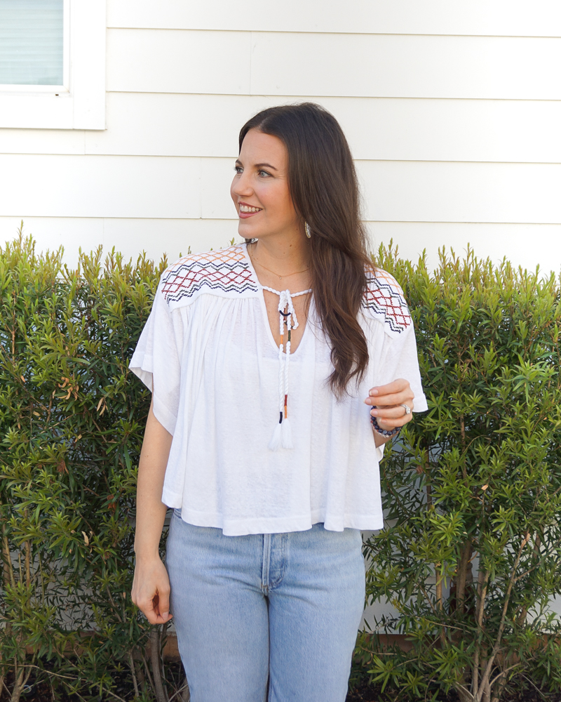 boho chic outfit | white embroidered shirt | short gold necklace | Texas Fashion Blog Lady in Violet