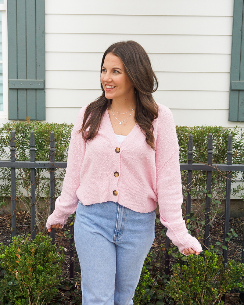 spring outfit | light pink cardigan sweat3er | light blue jeans | Texas Fashion Blog Lady in Violet