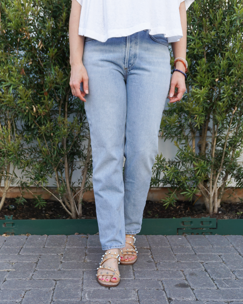 spring outfit | light blue straight leg jeans | stud strap sandals | petite fashion Blog Lady in Violet