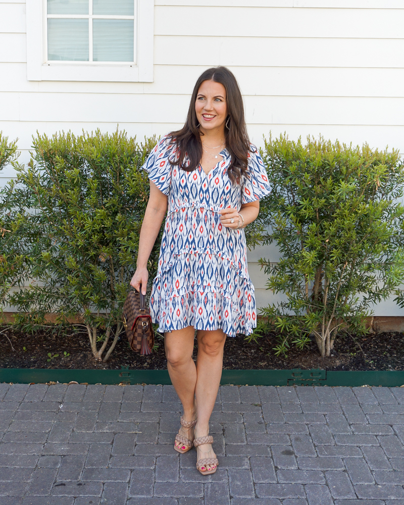 bridal shower outfit | multi color shift dress | braid strap heels | Petite Fashion Blogger Lady in Violet