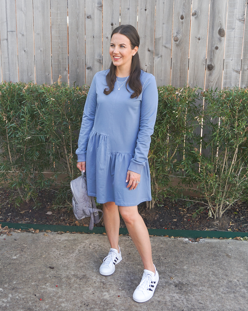spring fashion trends | light blue long sleeve dress | white adidas sneakers | Houston Fashion Blogger Lady in Violet