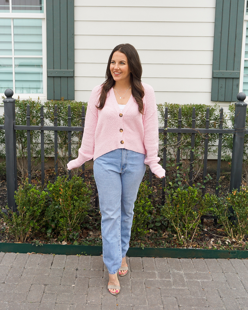 spring outfit | free people found my friend cardigan sweater | rollas high waist jeans | Petite Fashion Blogger Lady in Violet