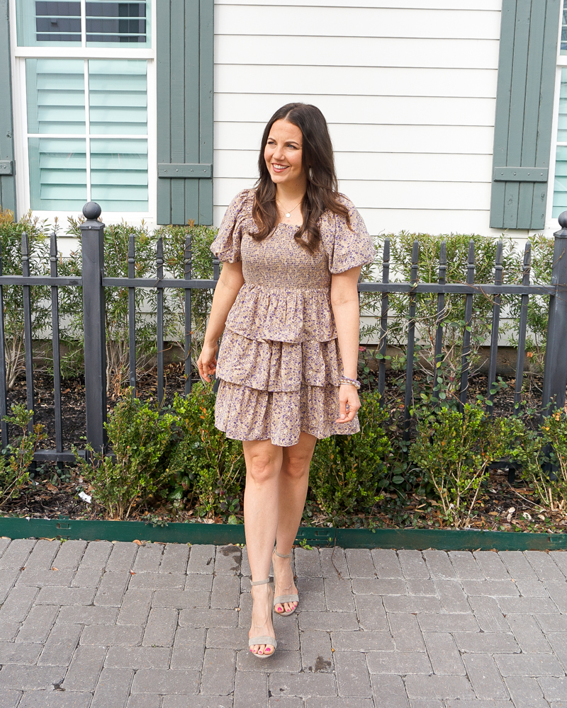 spring outfit | smocked bodice floral mini dress with sleeves | bridal shower outfit | Petite Fashion Blog Lady in Violet