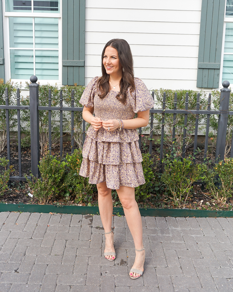 bridal shower outfit | puff sleeve mini dress | block heel sandals | Texas Fashion Blog Lady in Violet