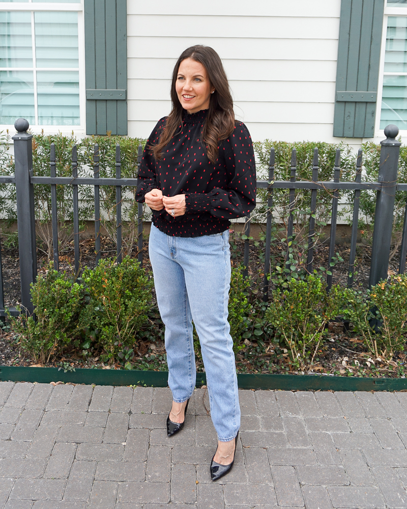 business casual outfit | sanctuary black long sleeve blouse | straight leg jeans | Texas Fashion Blogger Lady in Violet