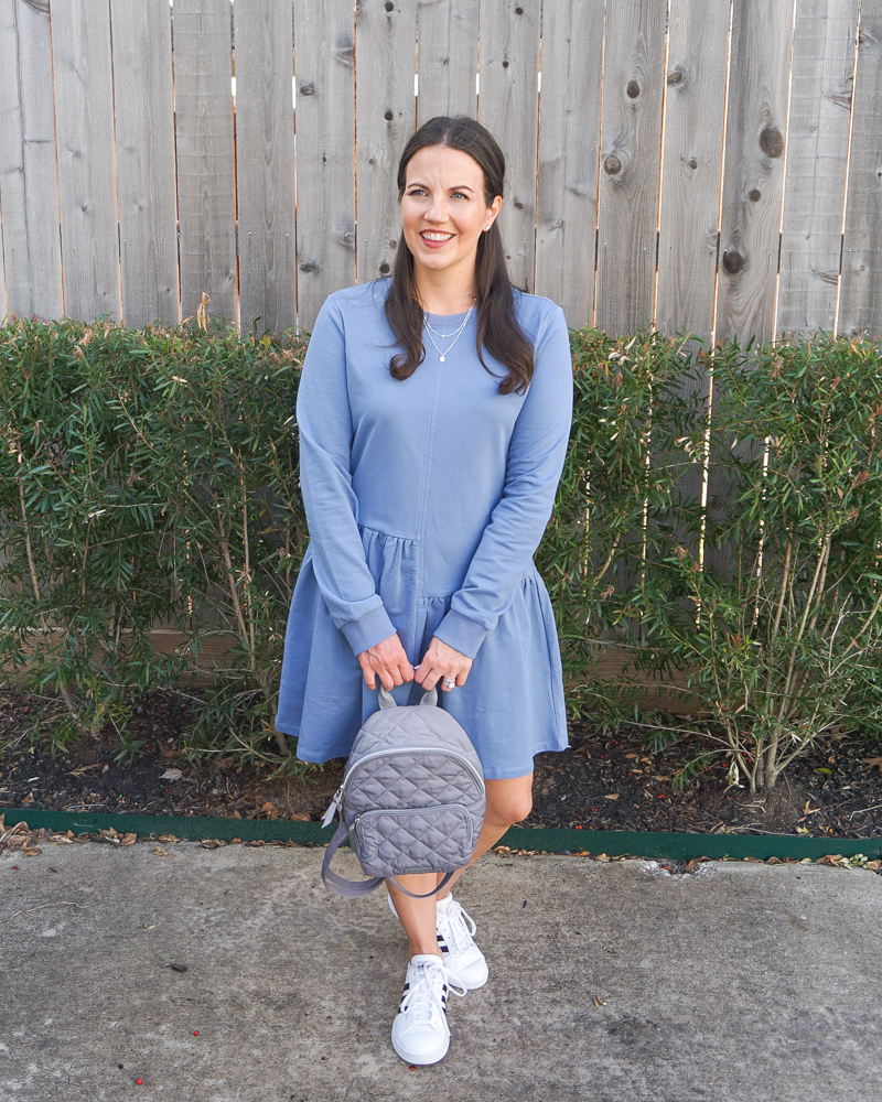 how to wear a dress with sneakers | gray backpack purse | Petite Fashion Blogger Lady in Violet