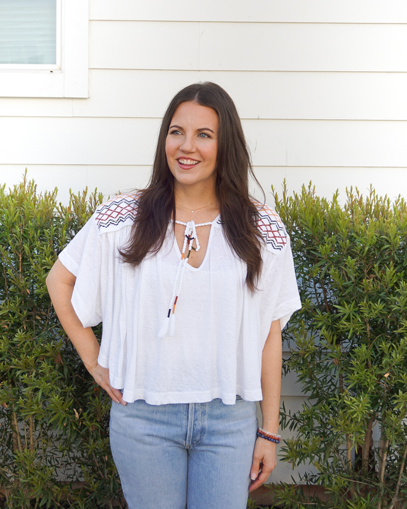 boho chic style | free people market embroidered vneck top | crystal bead bracelets | Houston Fashion Blogger Lady in Violet