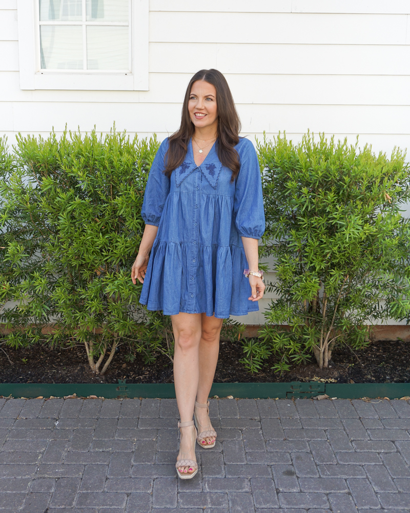 spring outfit | denim dress | braided wedge sandals | Houston Fashion Blog Lady in Violet