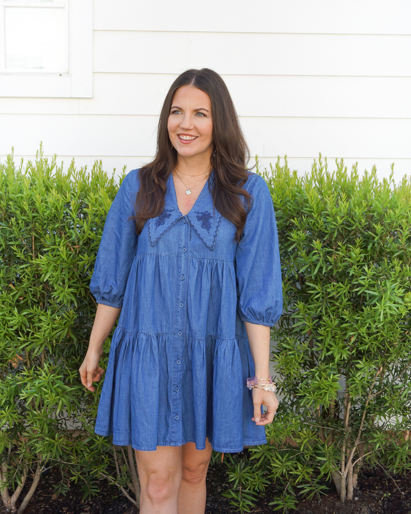 spring fashion | chambray mini dress | gold short necklace | Texas Fashion Blog Lady in Violet
