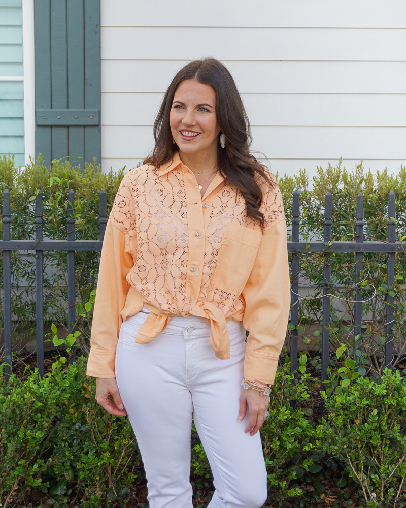 spring outfit | pastel orange lace button up top | white skinny jeans | Texas Fashion Blog Lady in Violet