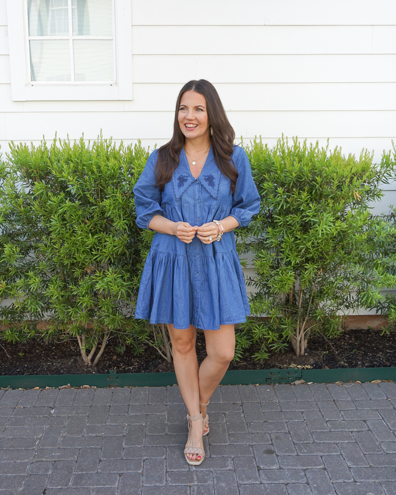 spring dress | blue dress with sleeves | wedges | Petite Fashion Blog Lady in Violet