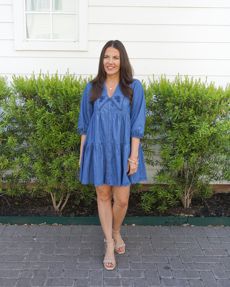spring outfit | denim mini dress with sleeves | pink bracelet | Houston Fashion Blogger Lady in Violet