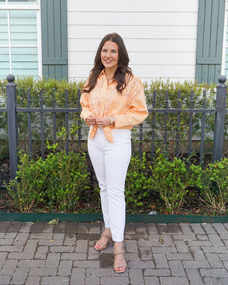 spring outfit for brunch | light orange lace top | white jeans | Texas Fashion Blogger Lady in Violet
