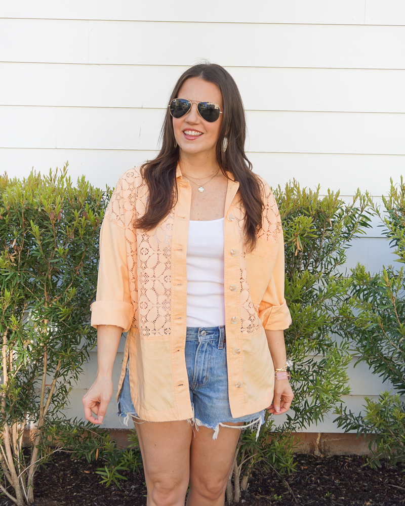 summer outfit | abercrombie jean shorts | lace button up shirt | Houston Fashion Blogger Lady in Violet