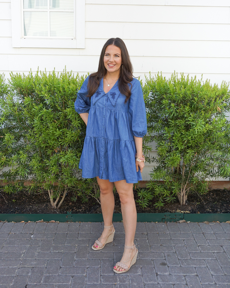 spring outfit | denim mini cotton dress | light tan espadrille sandals | Over age 30 fashion blogger Lady in Violet