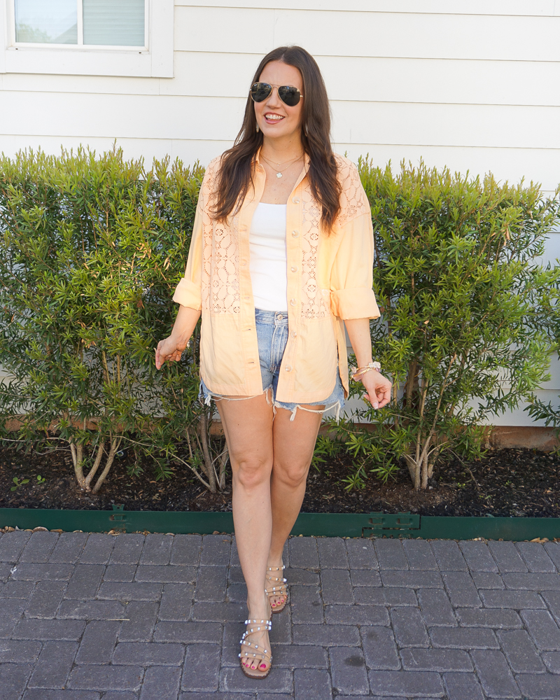 summer outfit | maeve lace shirt jacket peach sorbet | ripped jean shorts | Over 30 fashion blogger Lady in Violet