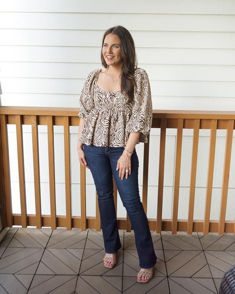 spring outfit | geo print blouse | bootcut petite jeans | Houston Fashion Blog Lady in violet