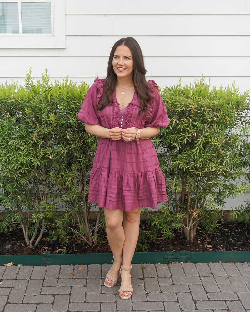 summer outfit | dark pink dress | tan wedge sandals | Houston Fashion Blog Lady in Violet