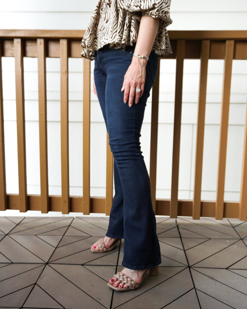 spring outfits | petite dark blue bootcut jeans | heeled sandals | Houston Fashion Blogger Lady in Violet