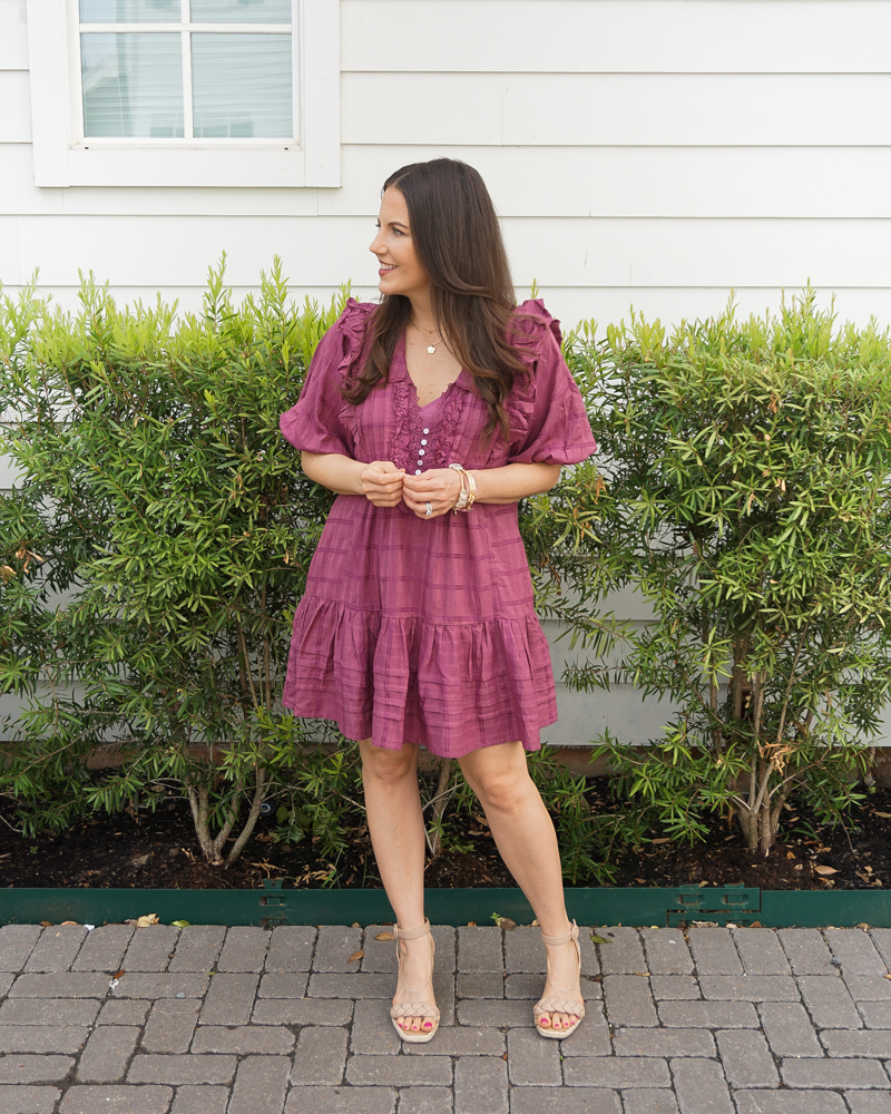 summer outfit | mauve mini dress | wedge sandals | Petite Fashion Blog Lady in Violet