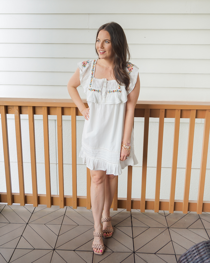 summer outfits | embroidered white mini dress | target sandals | Petite Fashion Blogger Lady in Violet