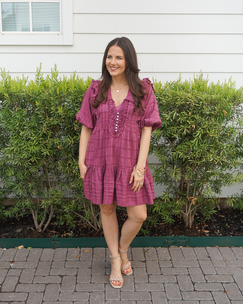 spring outfit | dark pink short sleeve dress | tan sandals | Everyday fashion blogger Lady in Violet