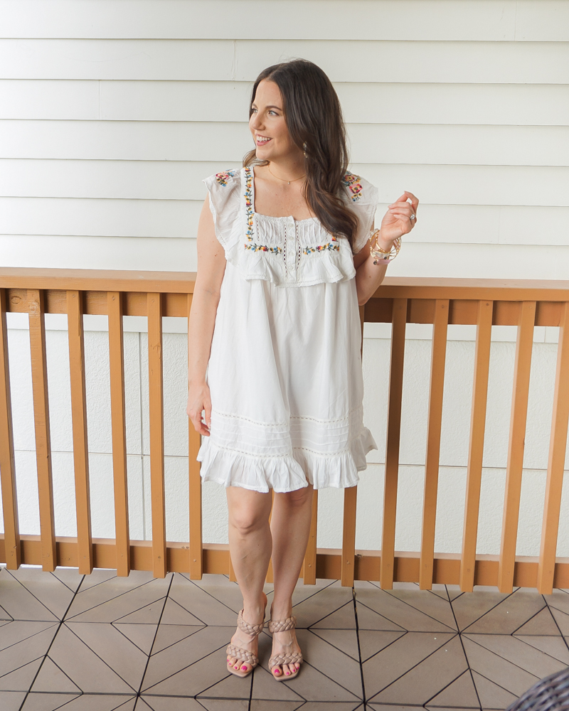 summer vacation outfit | white mini dress | heeled sandals | Over 30 fashion blogger Lady in Violet