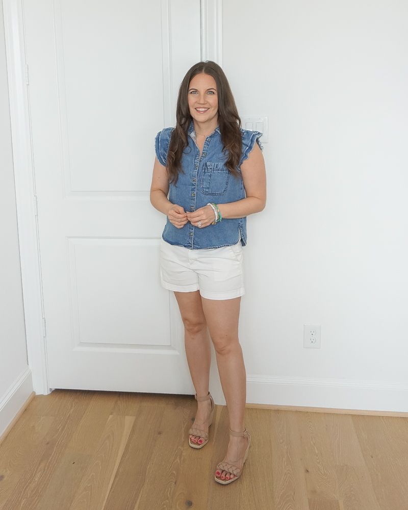 4th of july outfit idea | denim sleeveless shirt | white shorts | Petite Fashion Blog Lady in Violet