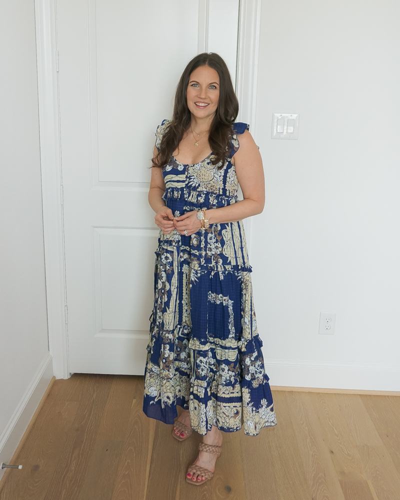 summer outfit | blue maxi dress | target sandals | Petite Fashion Blog Lady in Violet