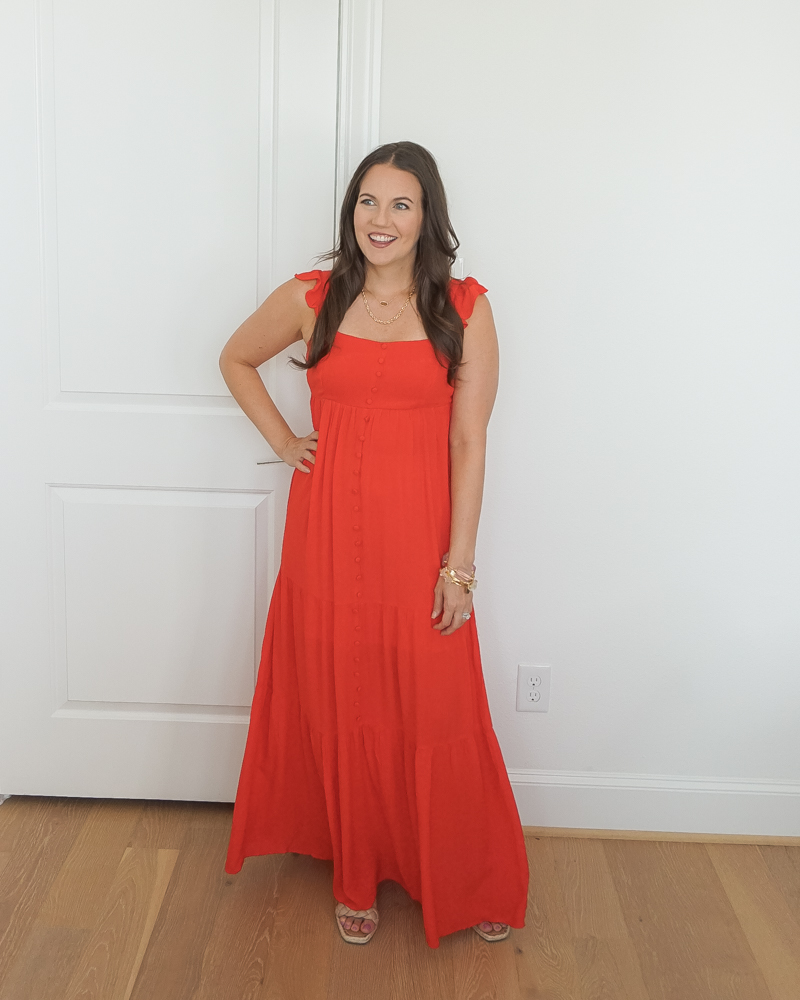 summer outfit | red maxi dress | gold rope necklace | Petite Fashion Blog Lady in Violet