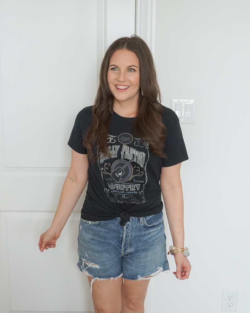 rodeo outfit | black band tee | ripped jean shorts | Texas Fashion Blogger Lady in Violet