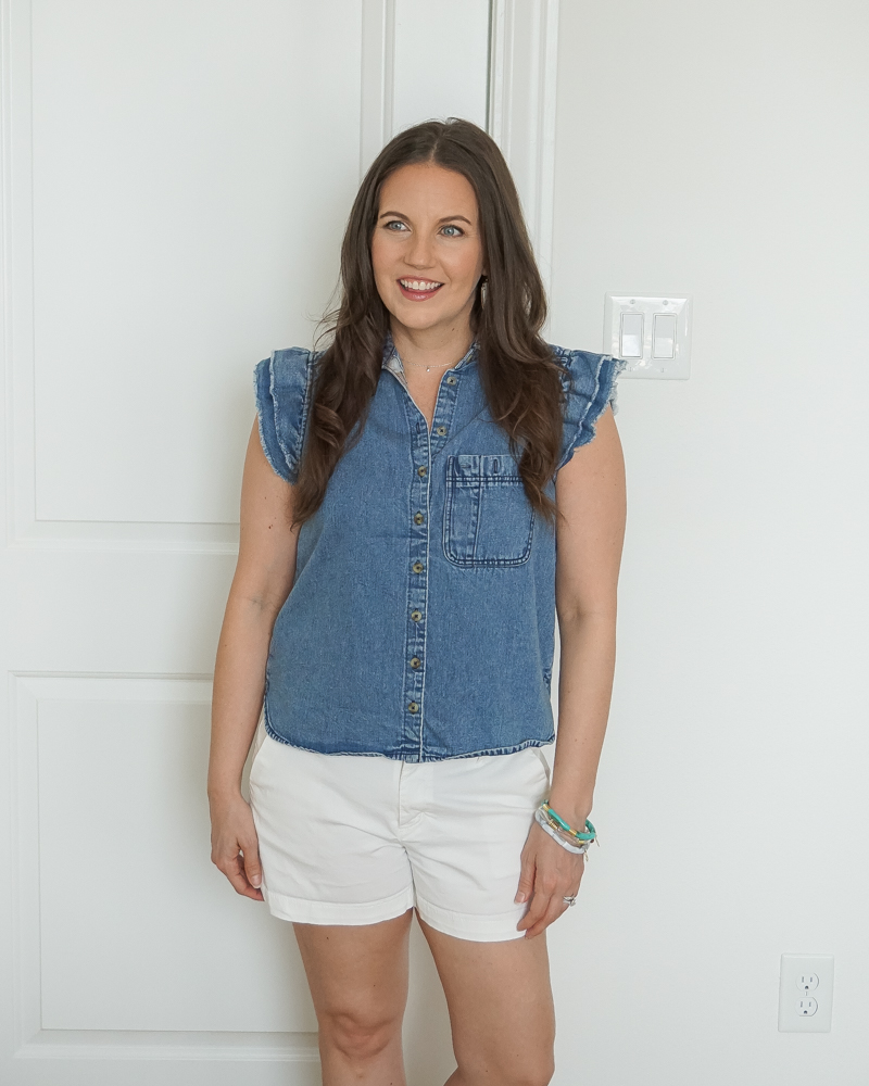 summer outfit | chambray ruffle sleeve top | white cotton shorts | Petite Fashion Blogger Lady in Violet