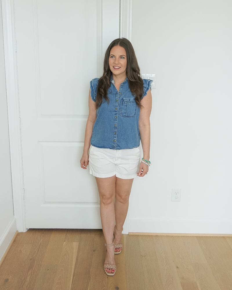 4th of july outfit idea | blue denim shirt | braided wedges | Texas Fashion Blog Lady in Violet